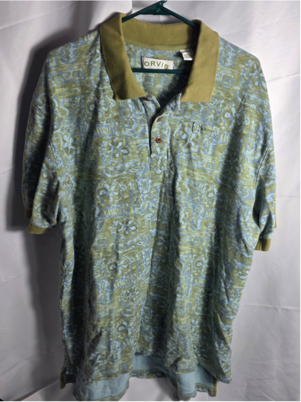 Men's Orvis Polo Shirt XL Green Blue Patterned Short Sleeve boho camo trendy